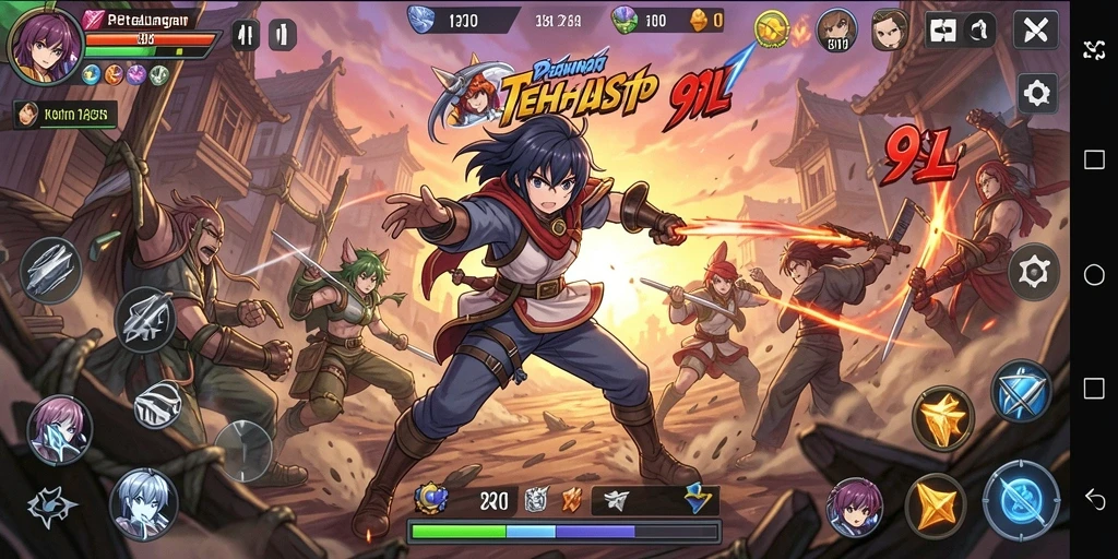 Screenshot menunjukkan aksi seru dari karakter anime dalam 9SL.
