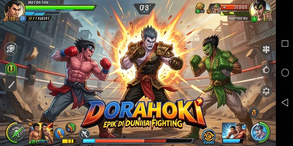 Tangkapan layar DORAHOKI menampilkan aksi pertarungan yang dinamis dan karakter menarik.