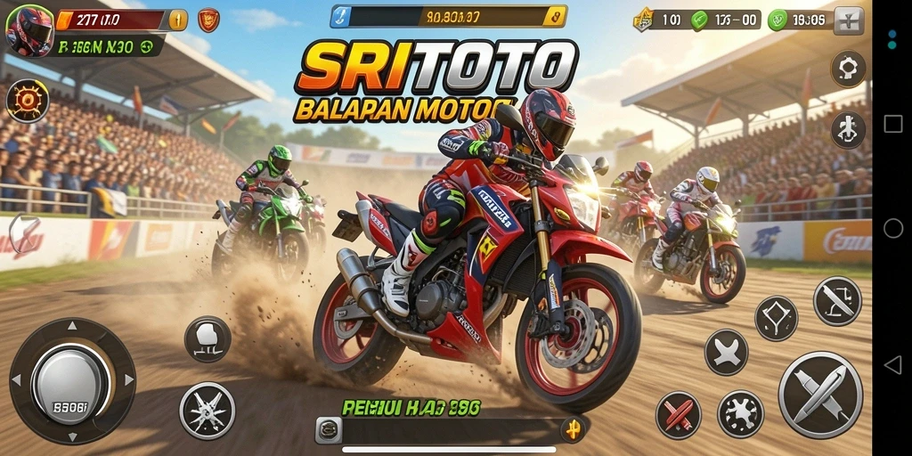 Screenshot gameplay SRITOTO dengan aksi balapan motor yang seru.