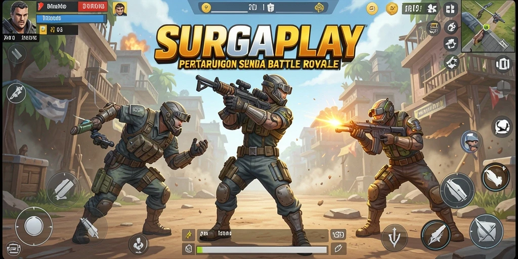 Gambaran gameplay mendebarkan dalam SURGAPLAY, menampilkan aksi Battle Royale.